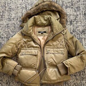 DKNY Khaki Puffer Jacket with Faux Fur detachable hood